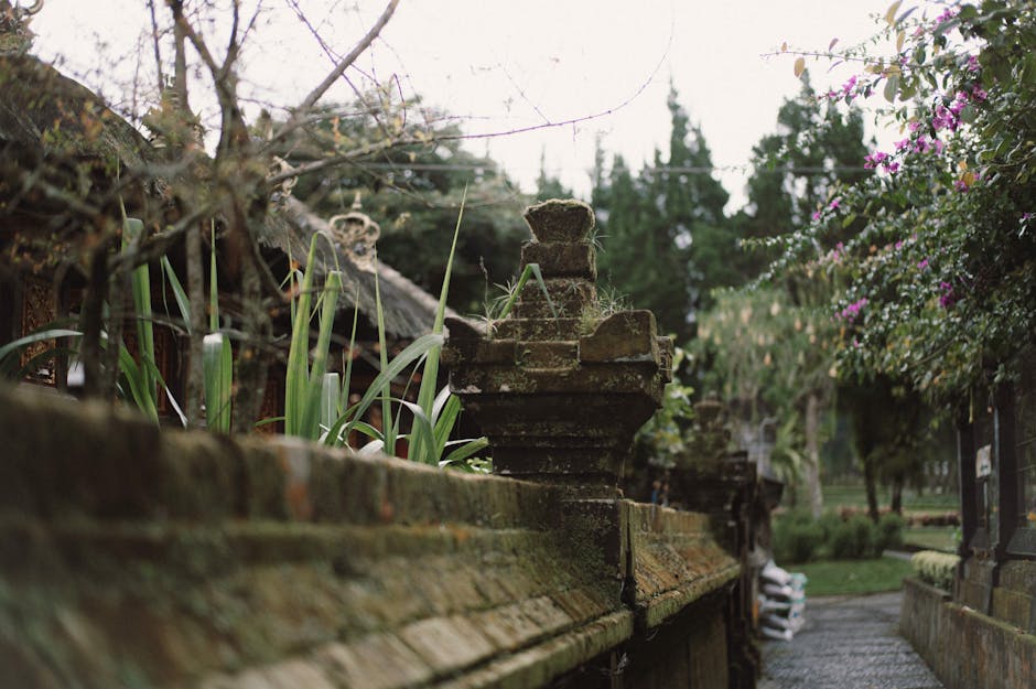 Beautifully crafted stone wall surrounded by lush greenery in an outdoor historical garden setting.